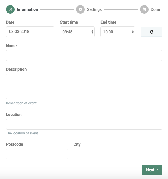 settings for creating a new event