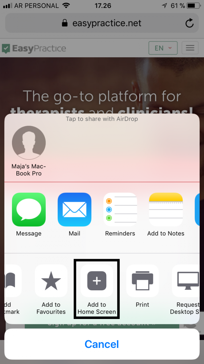 Guide for adding EasyPractice as an icon on a smartphone home screen – just as good as an app